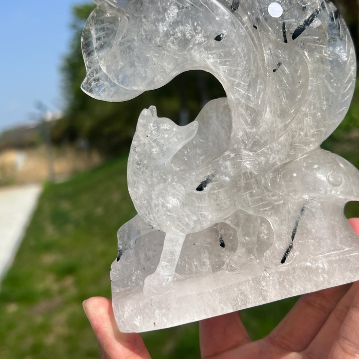 Unique,A Slightly Imperfect Natural Quartz Tourmaline Nine-Tailed Fox Carving