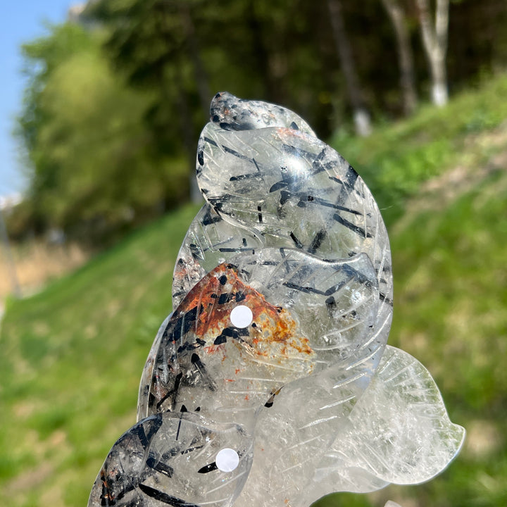 Unique,A Slightly Imperfect Natural Quartz Tourmaline Nine-Tailed Fox Carving
