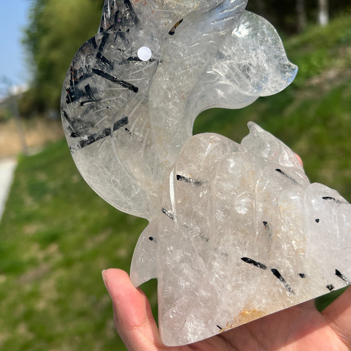 Unique,A Slightly Imperfect Natural Quartz Tourmaline Nine-Tailed Fox Carving