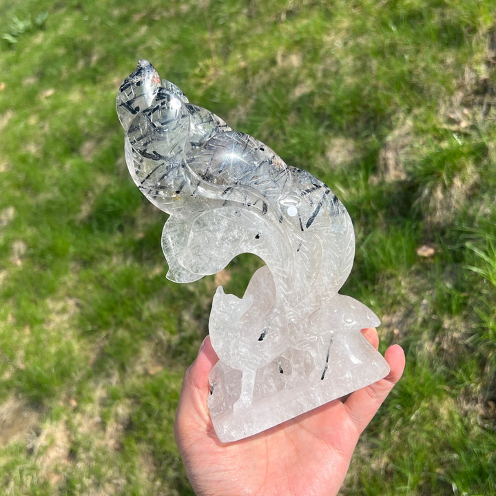 Unique,A Slightly Imperfect Natural Quartz Tourmaline Nine-Tailed Fox Carving