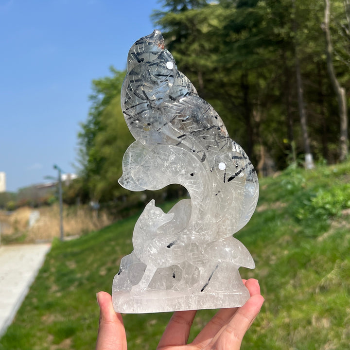Unique,A Slightly Imperfect Natural Quartz Tourmaline Nine-Tailed Fox Carving