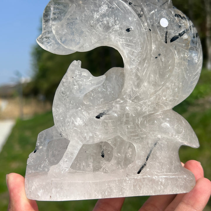 Unique,A Slightly Imperfect Natural Quartz Tourmaline Nine-Tailed Fox Carving