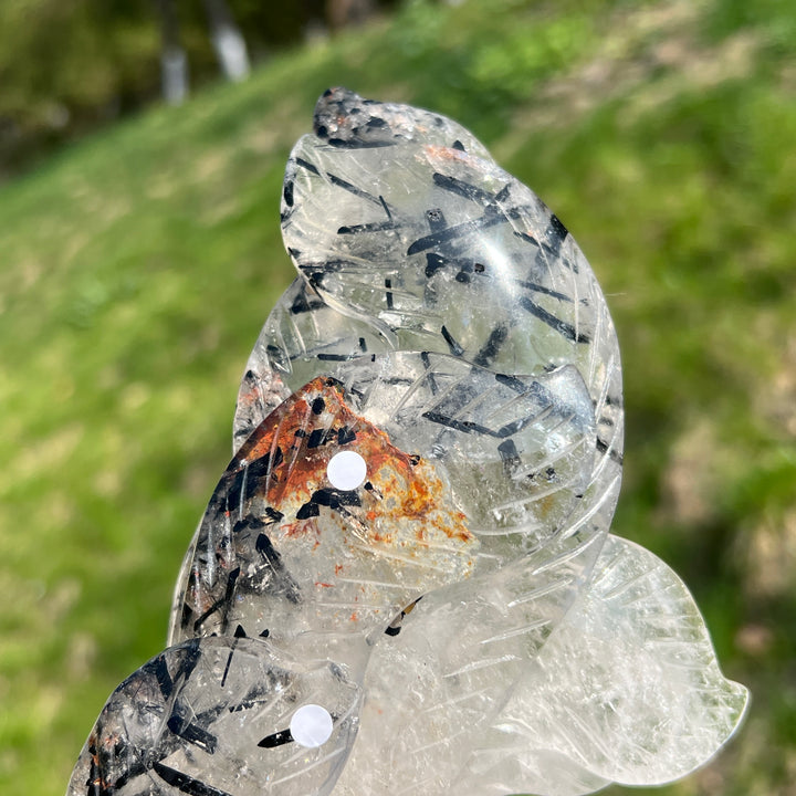 Unique,A Slightly Imperfect Natural Quartz Tourmaline Nine-Tailed Fox Carving