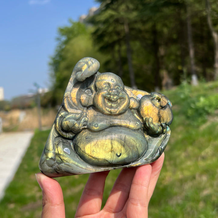 Unique,A Slightly Imperfect Natural Labradorite Maitreya Buddha Carving
