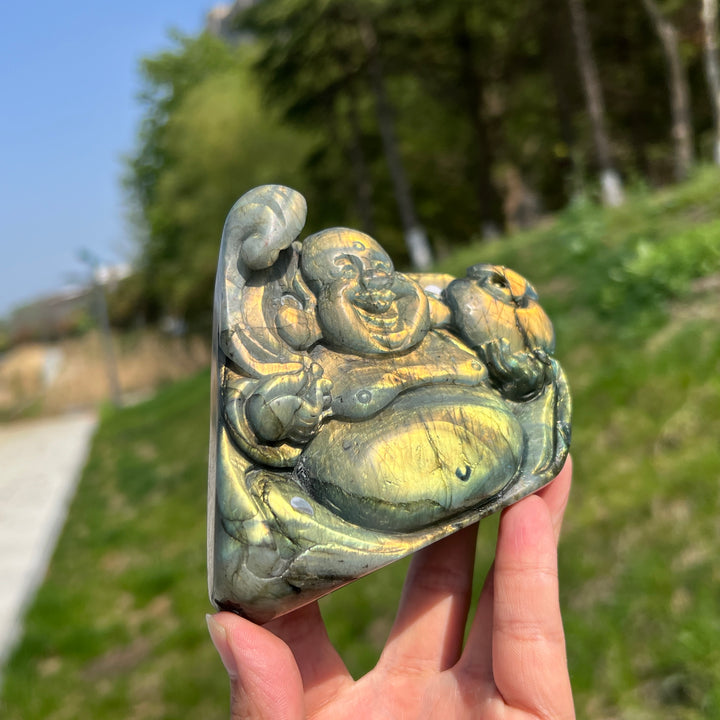 Unique,A Slightly Imperfect Natural Labradorite Maitreya Buddha Carving