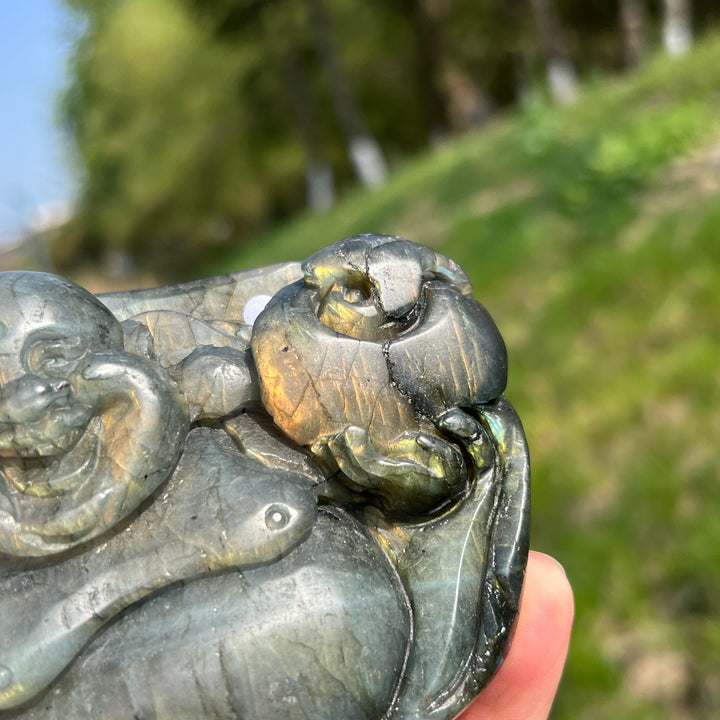 Unique,A Slightly Imperfect Natural Labradorite Maitreya Buddha Carving