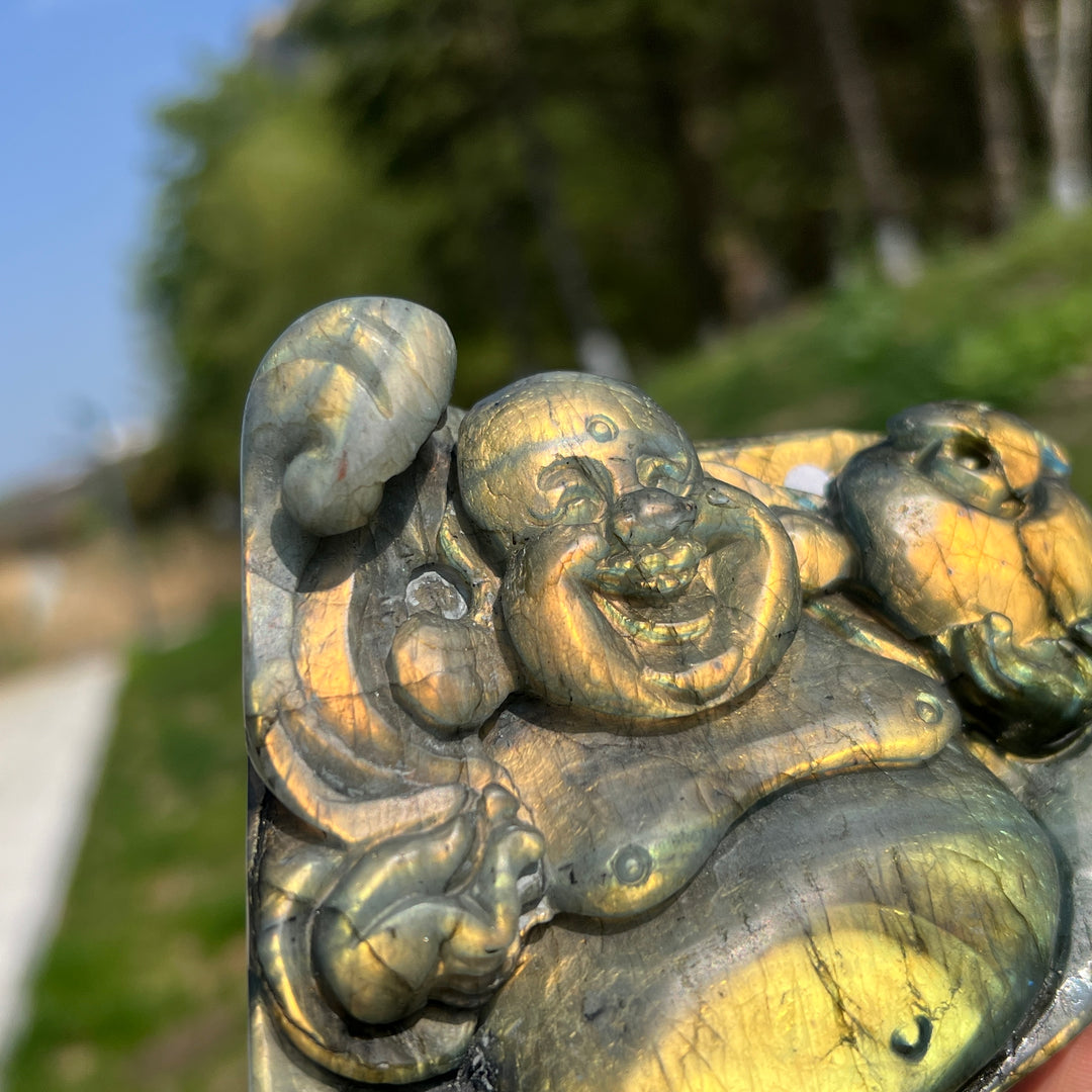 Unique,A Slightly Imperfect Natural Labradorite Maitreya Buddha Carving