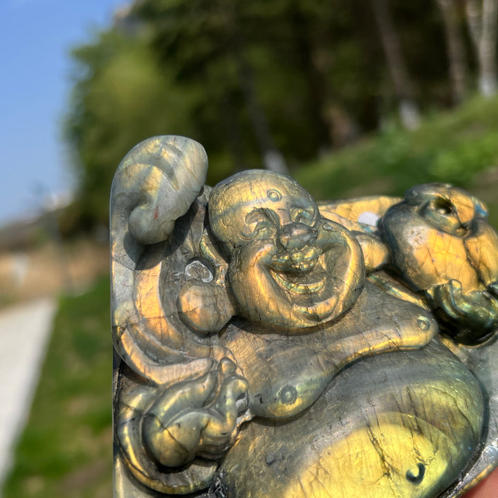 Unique,A Slightly Imperfect Natural Labradorite Maitreya Buddha Carving