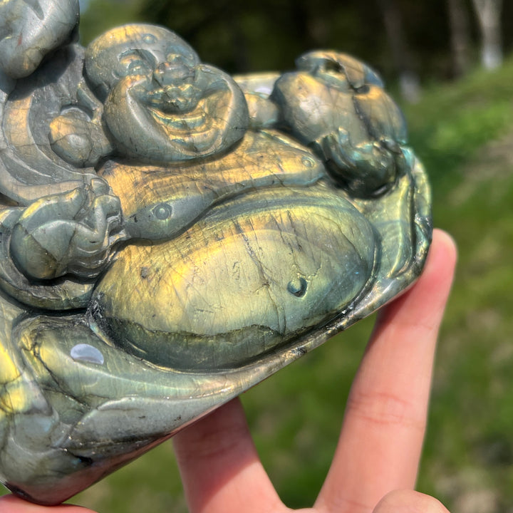 Unique,A Slightly Imperfect Natural Labradorite Maitreya Buddha Carving