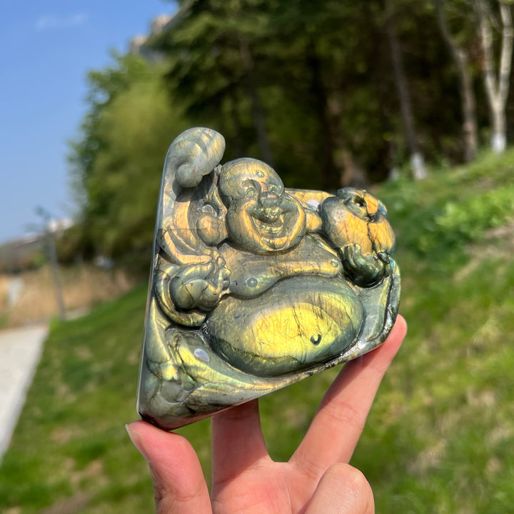 Unique,A Slightly Imperfect Natural Labradorite Maitreya Buddha Carving