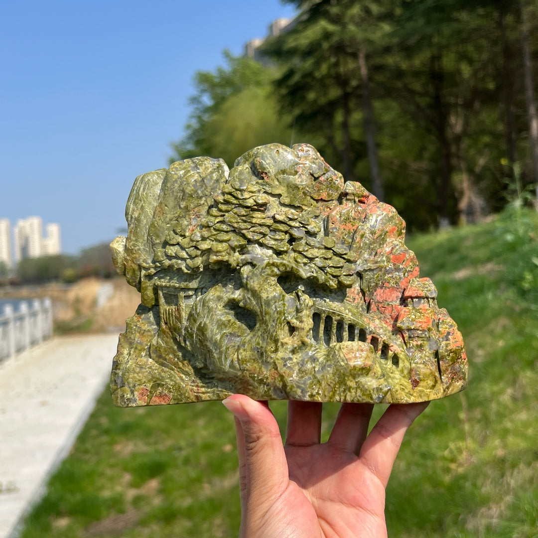 Unique,Natural Unakite Pine Tree Carving