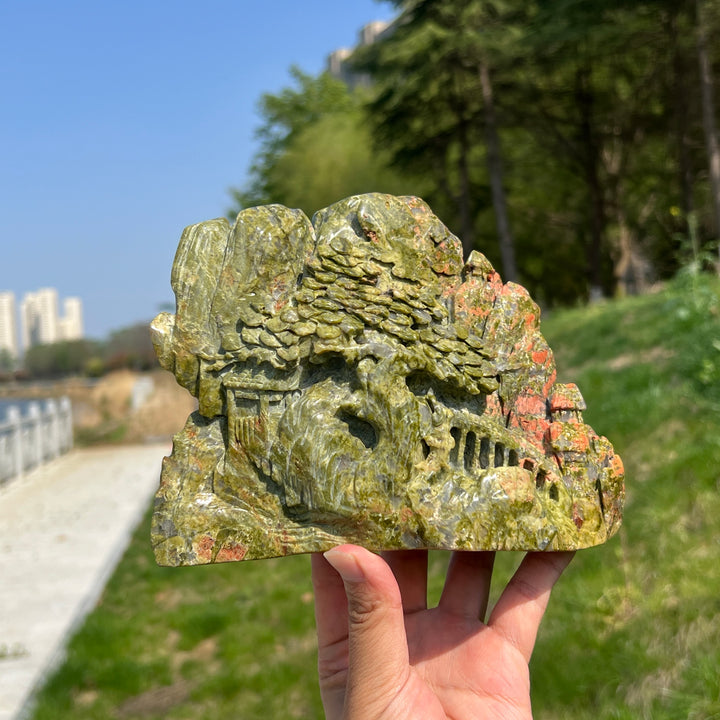 Unique,Natural Unakite Pine Tree Carving