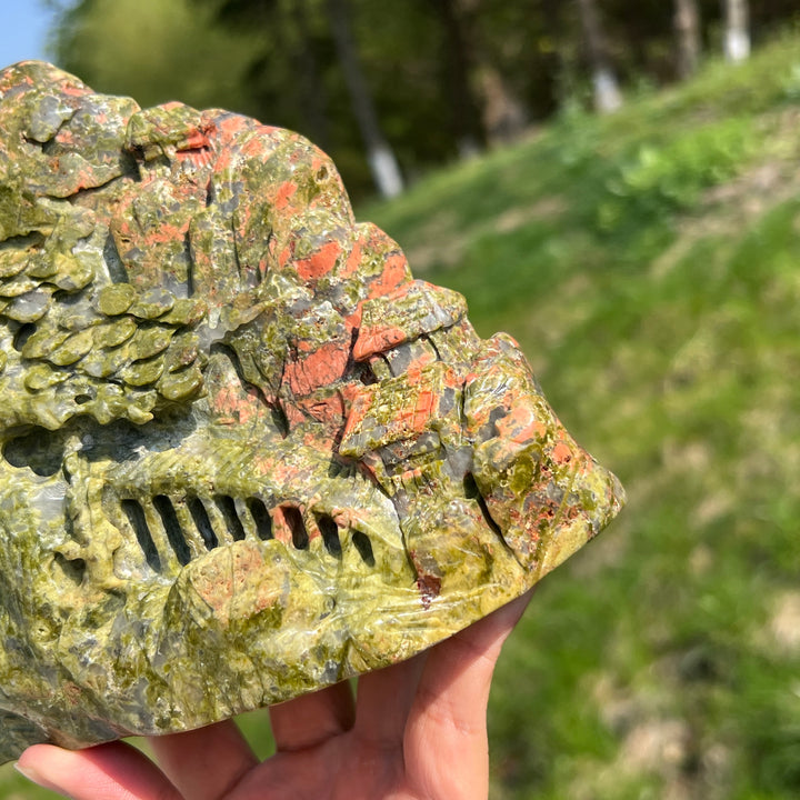 Unique,Natural Unakite Pine Tree Carving