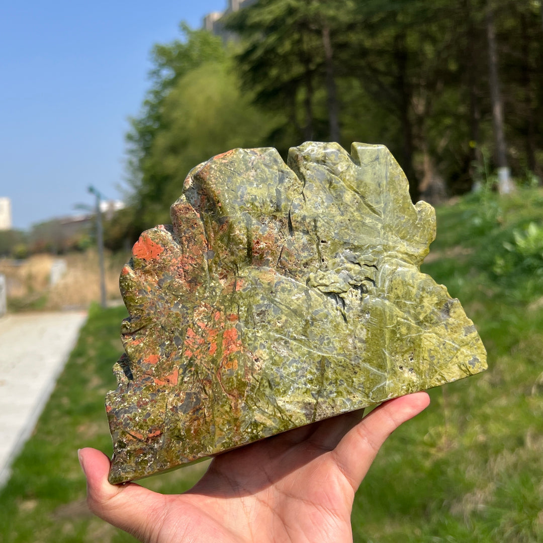 Unique,Natural Unakite Pine Tree Carving