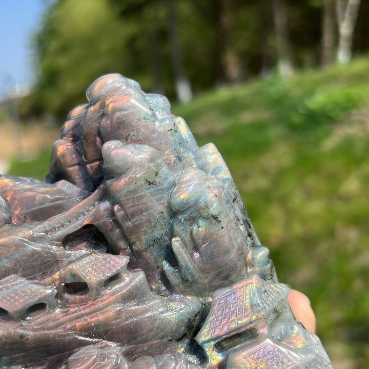 Unique,Natural Labradorite Pine Tree Carving