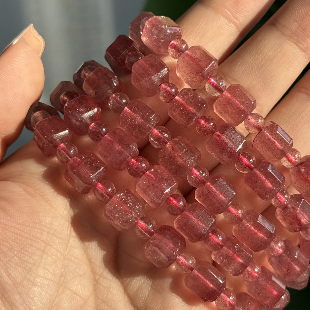 Strawberry Quartz Bracelet,Cubic Mixed Beads, 8mm