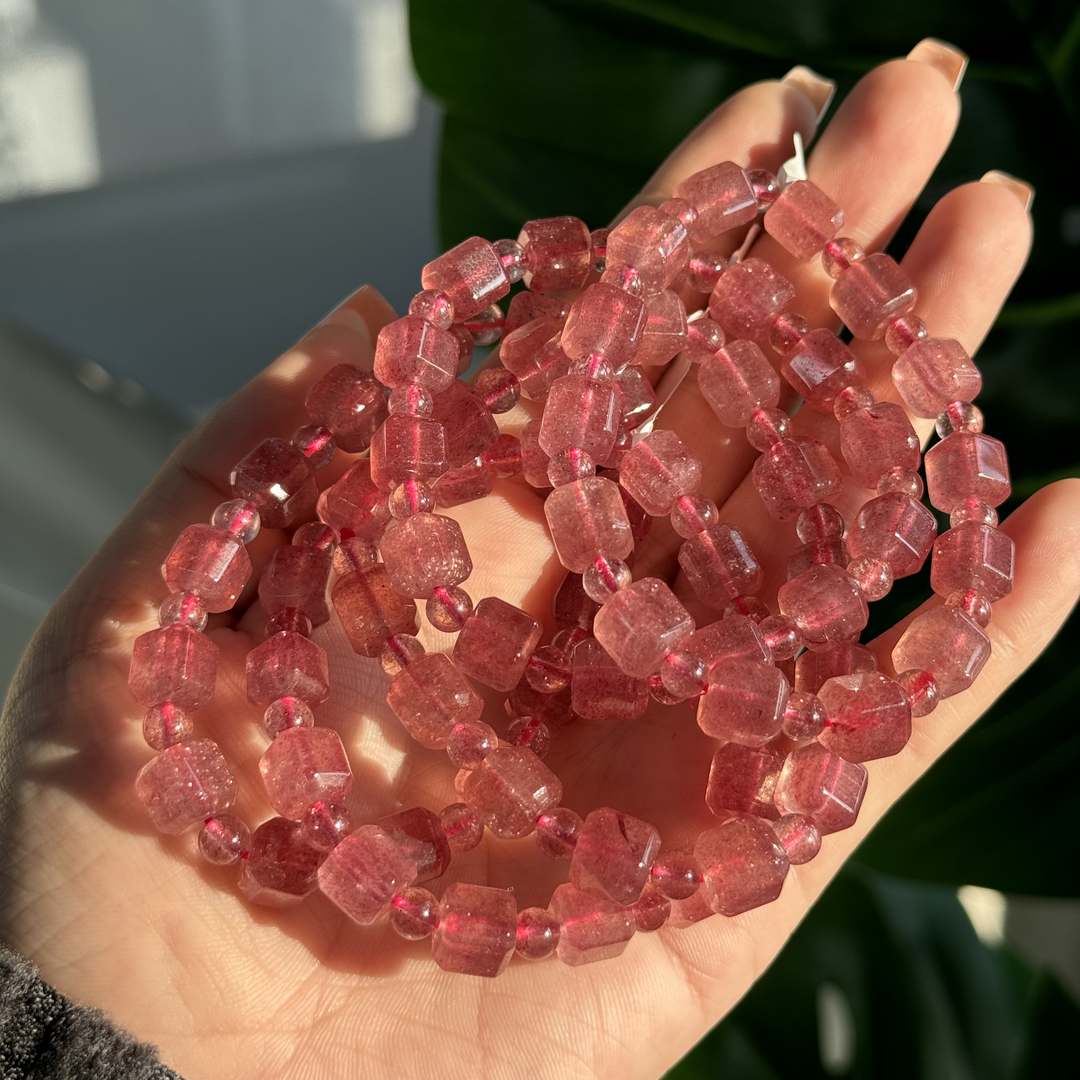 Strawberry Quartz Bracelet,Cubic Mixed Beads, 8mm