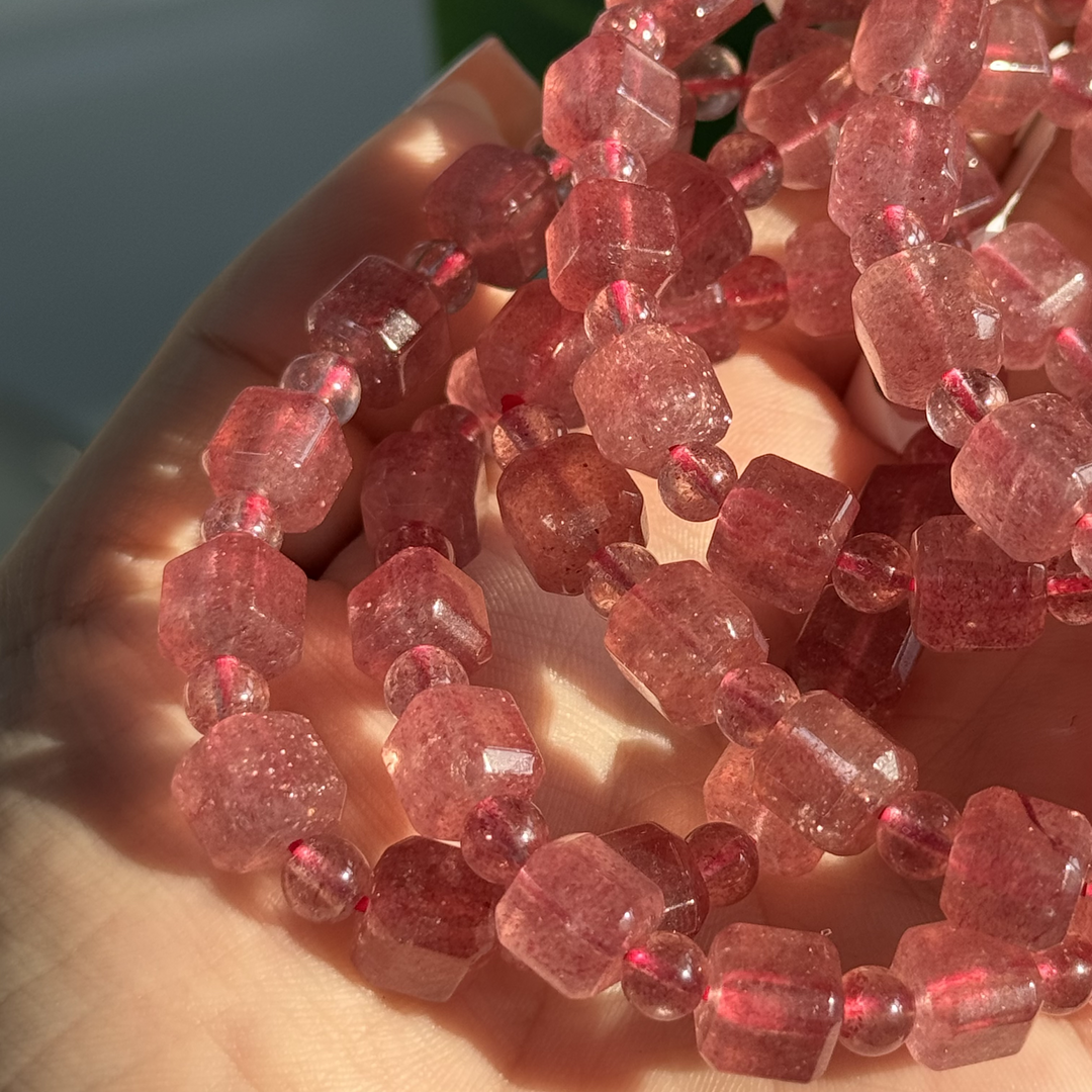 Strawberry Quartz Bracelet,Cubic Mixed Beads, 8mm