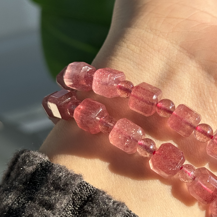 Strawberry Quartz Bracelet,Cubic Mixed Beads, 8mm