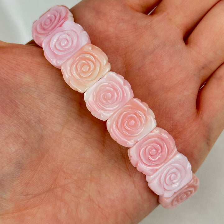 Queen Conch Shell Rose Carved Square Bead Bracelet 15.6-16.0mm