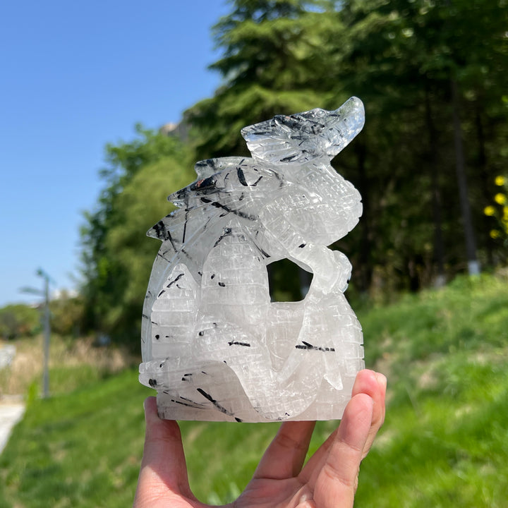 Unique,Natural Quartz Tourmaline Dragon Carving