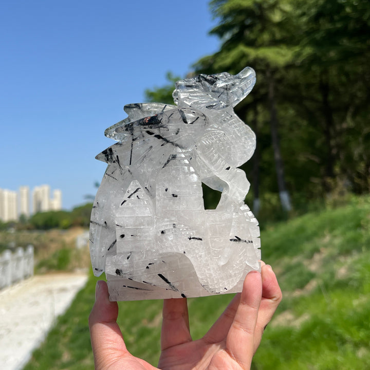 Unique,Natural Quartz Tourmaline Dragon Carving