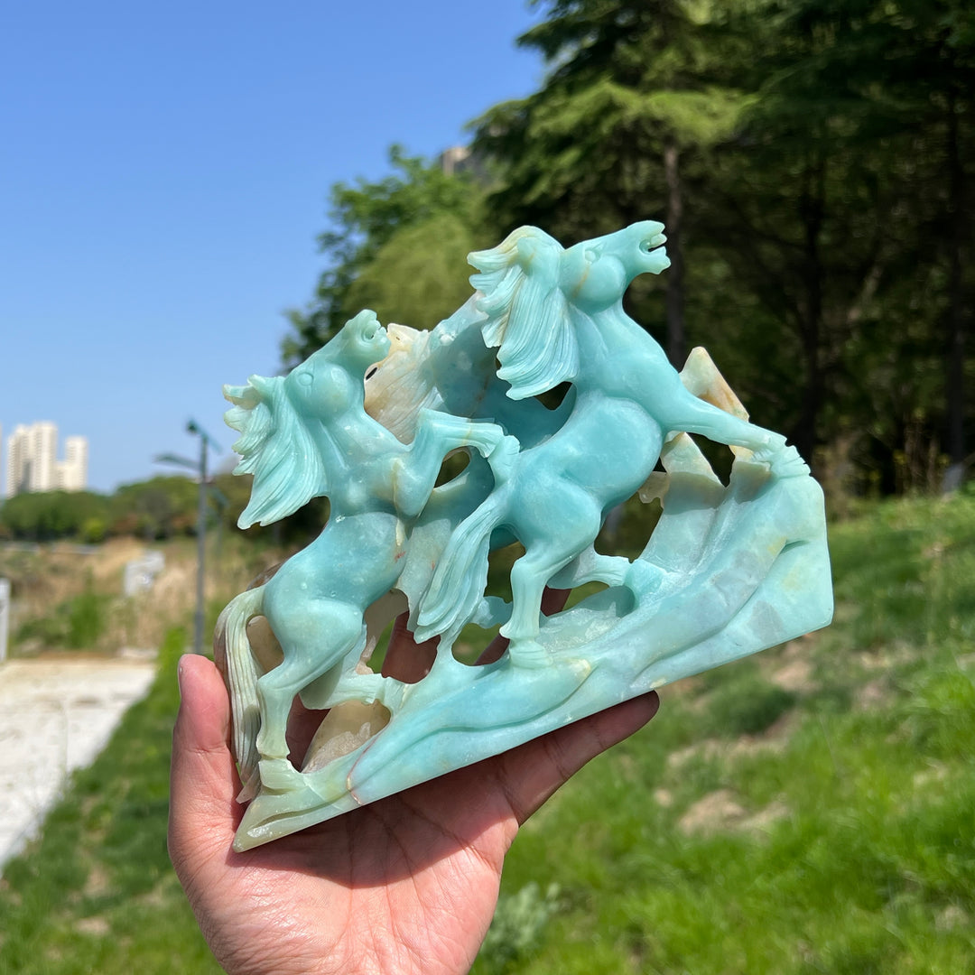 Unique,Natural Blue Quartzite Double Horse Carving