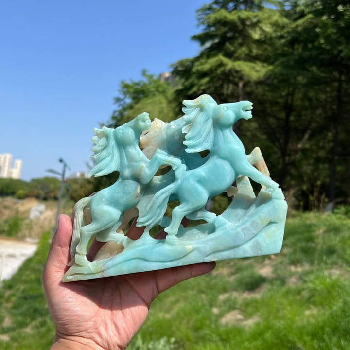 Unique,Natural Blue Quartzite Double Horse Carving