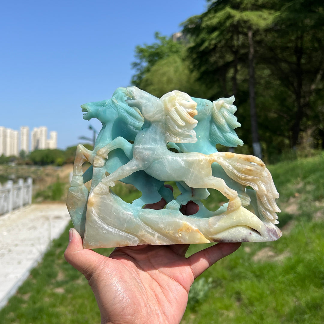 Unique,Natural Blue Quartzite Double Horse Carving