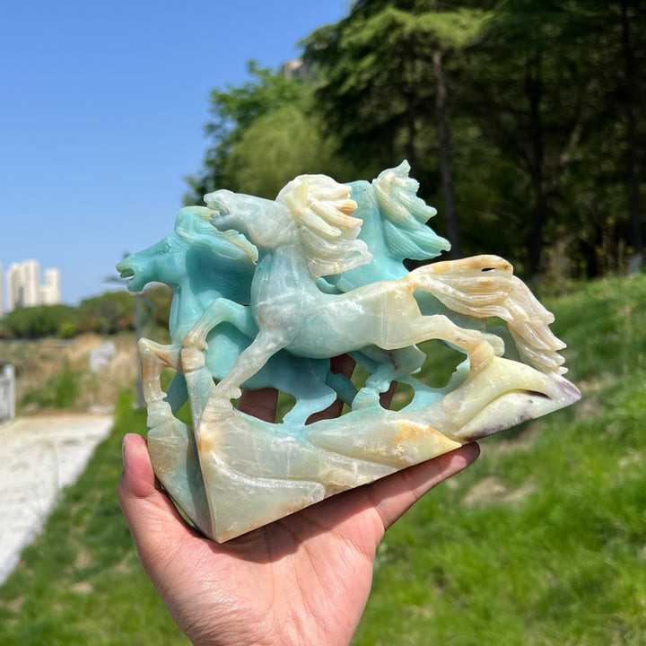 Unique,Natural Blue Quartzite Double Horse Carving