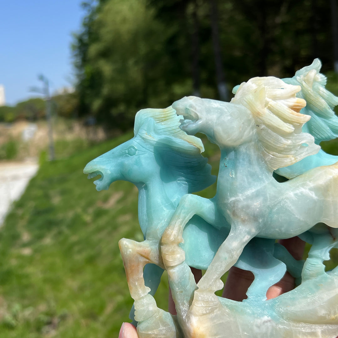 Unique,Natural Blue Quartzite Double Horse Carving