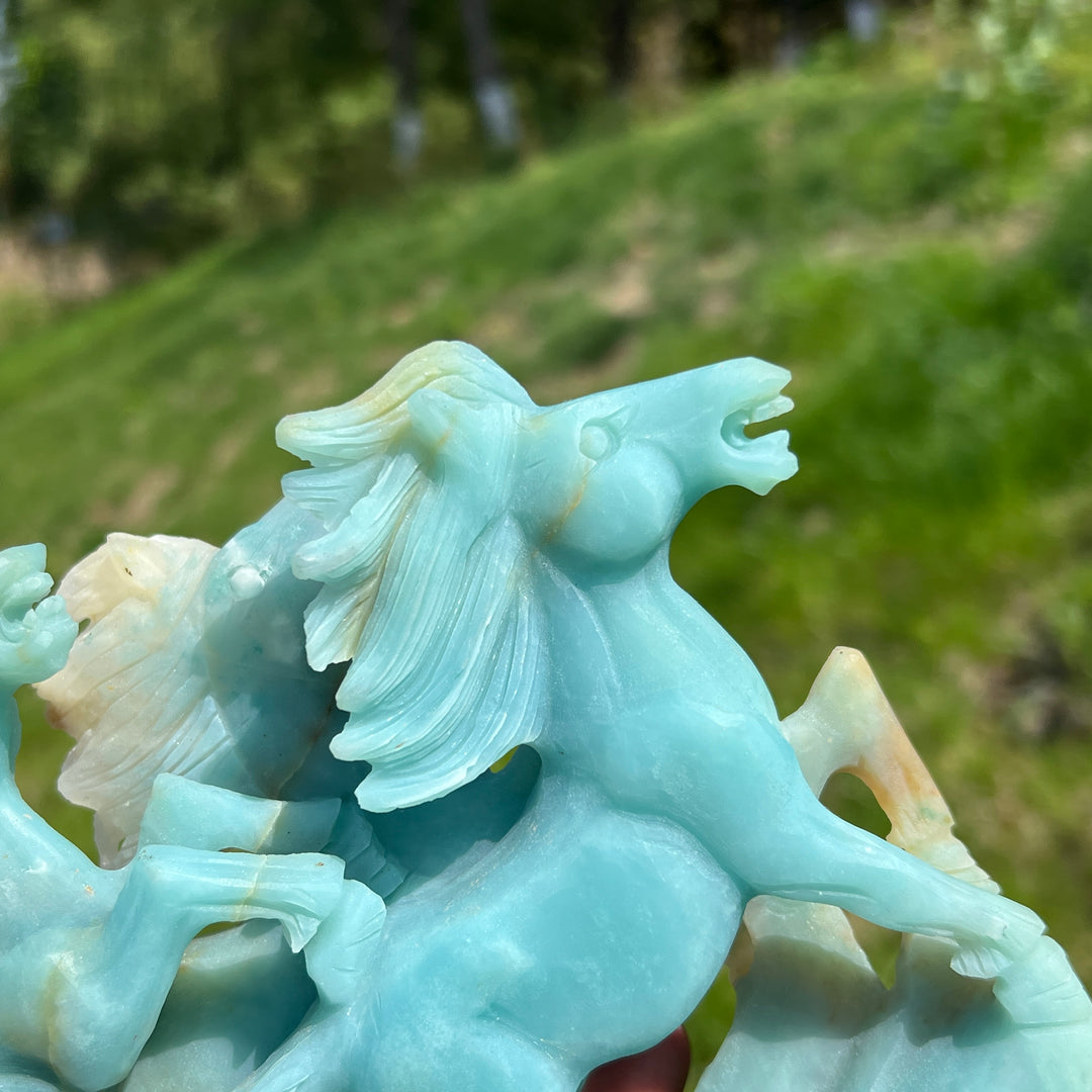 Unique,Natural Blue Quartzite Double Horse Carving