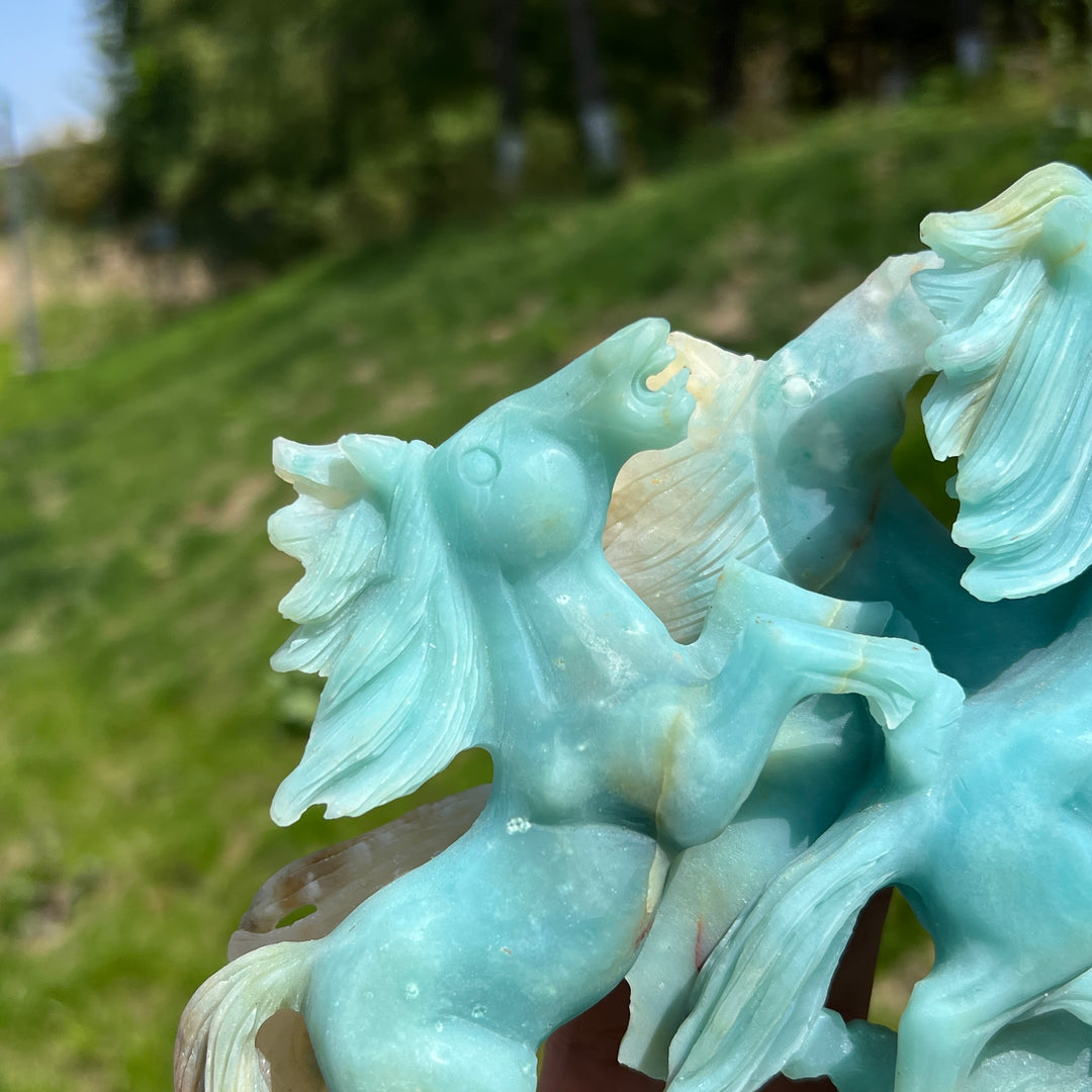 Unique,Natural Blue Quartzite Double Horse Carving