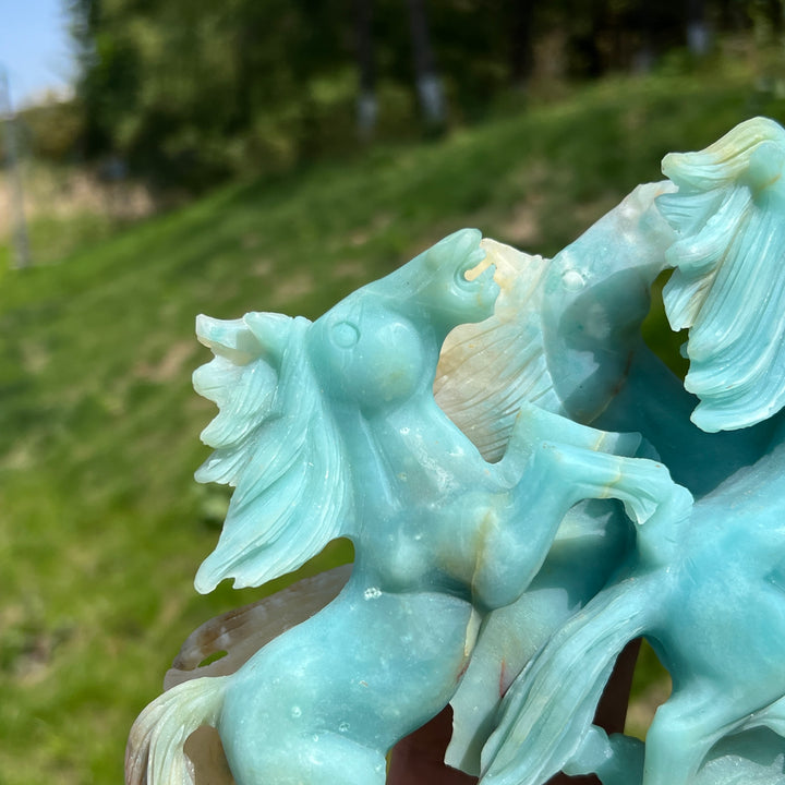 Unique,Natural Blue Quartzite Double Horse Carving