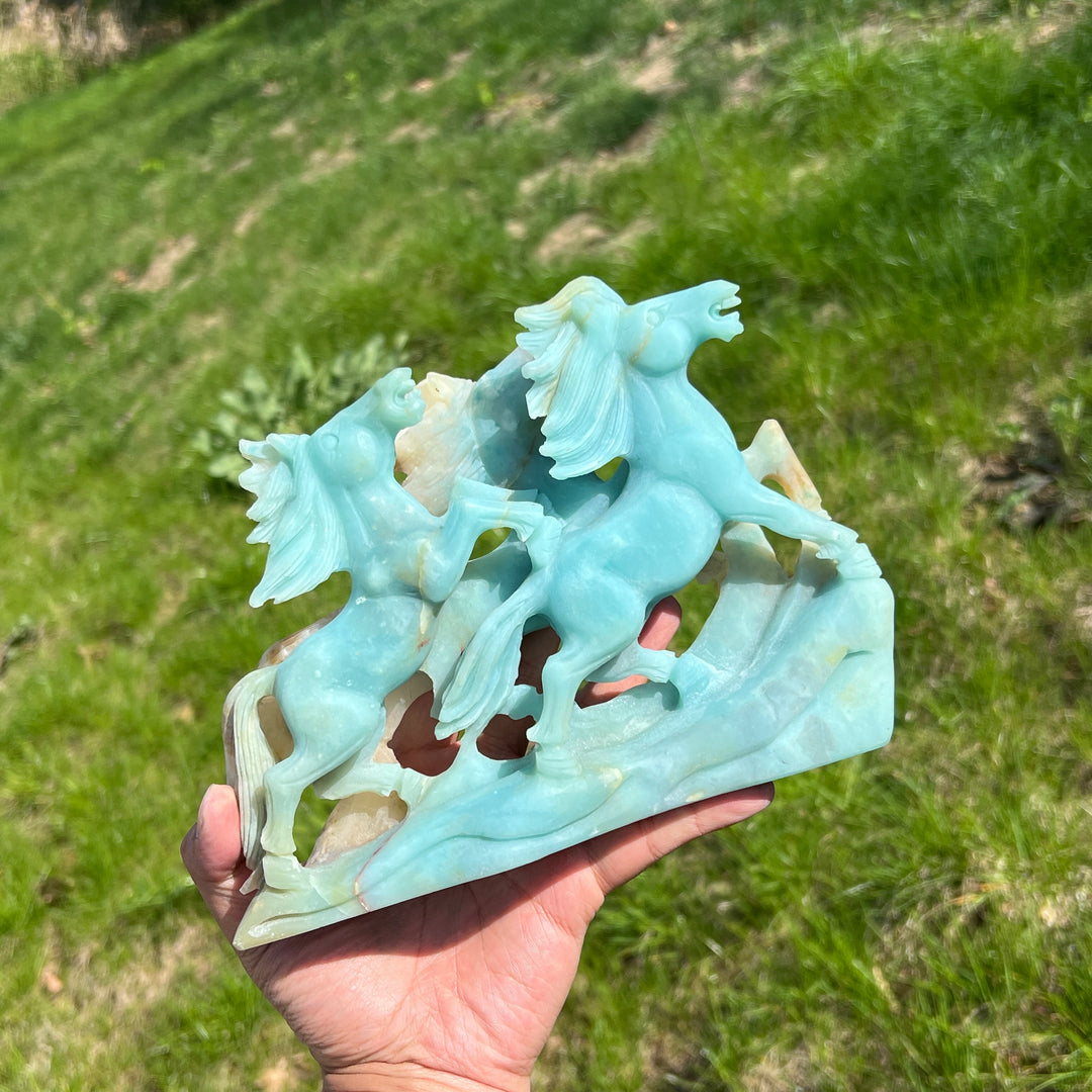 Unique,Natural Blue Quartzite Double Horse Carving