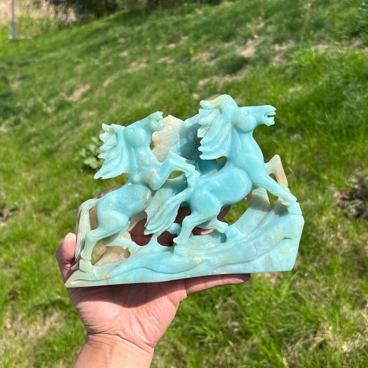 Unique,Natural Blue Quartzite Double Horse Carving