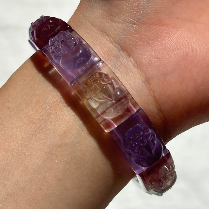 Fluorite Carved Pixiu Square Bead Bracelet 12.4-12.9mm