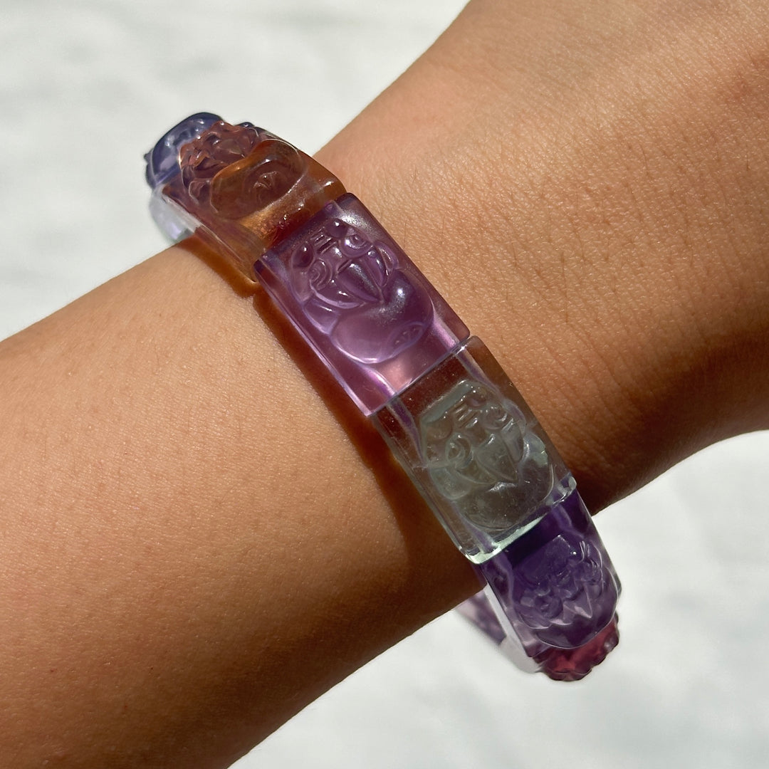 Fluorite Carved Pixiu Square Bead Bracelet 12.4-12.9mm