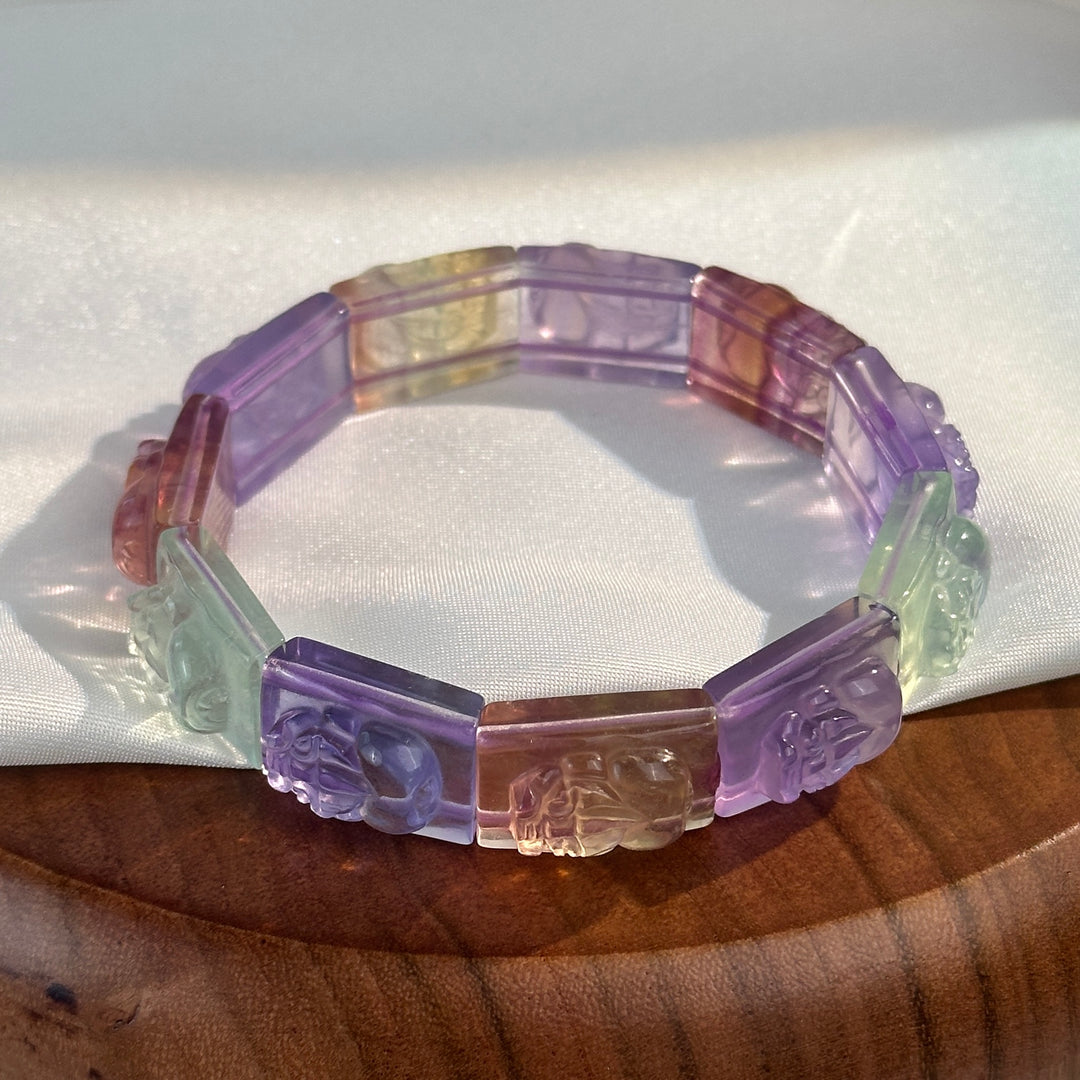 Fluorite Carved Pixiu Square Bead Bracelet 12.4-12.9mm
