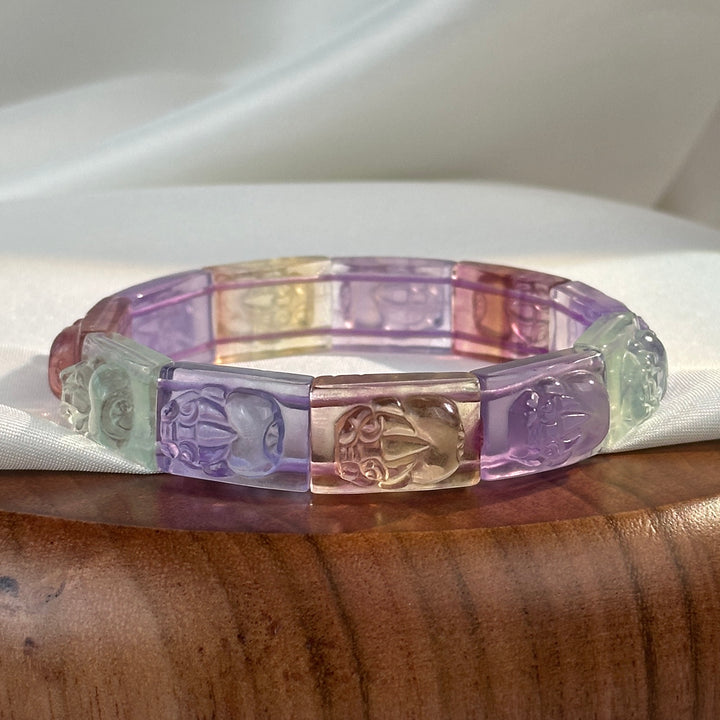 Fluorite Carved Pixiu Square Bead Bracelet 12.4-12.9mm