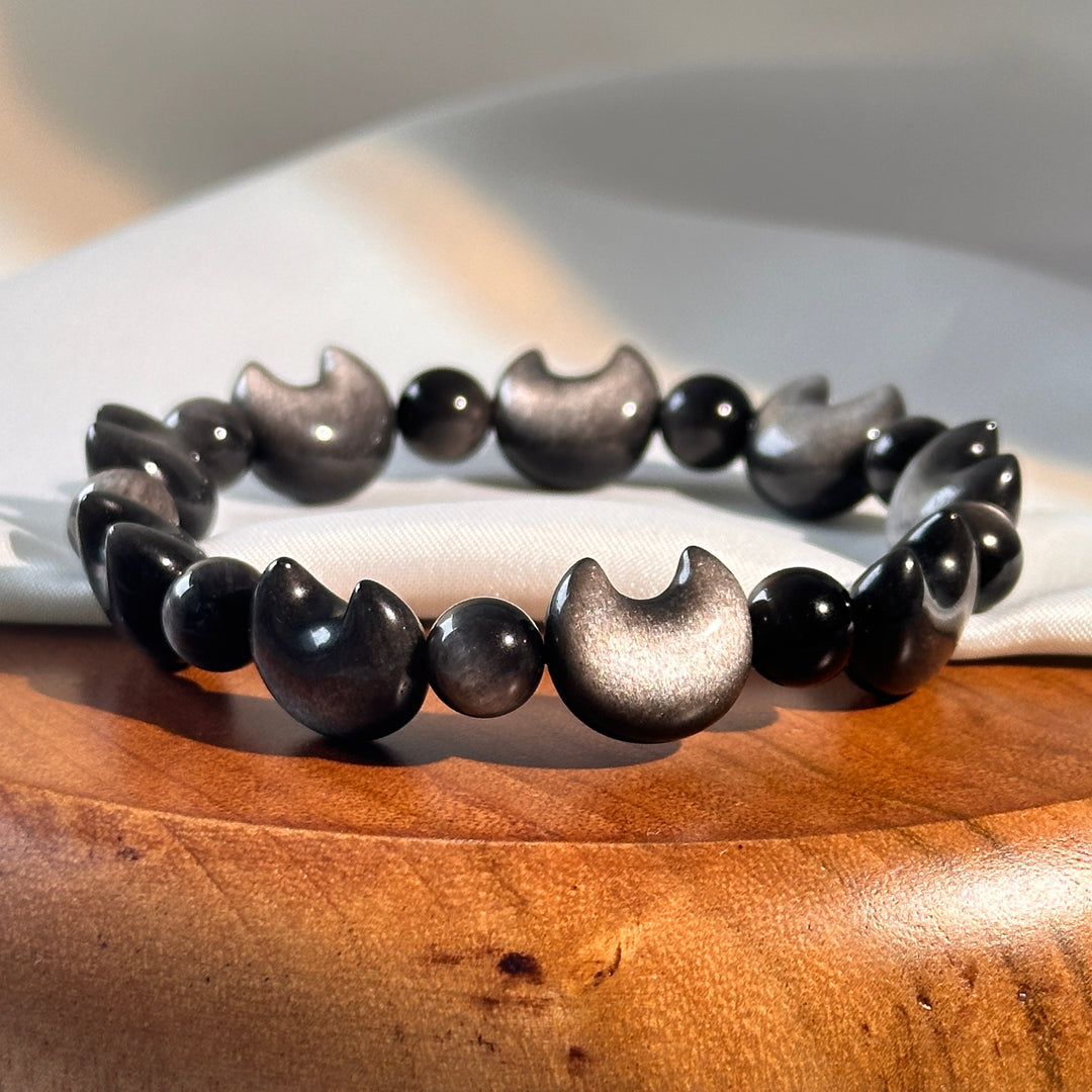 Silver Obsidian Moon Bead Bracelet 15.0-15.3mm