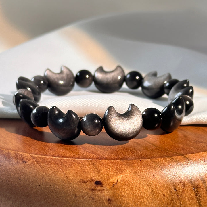 Silver Obsidian Moon Bead Bracelet 15.0-15.3mm