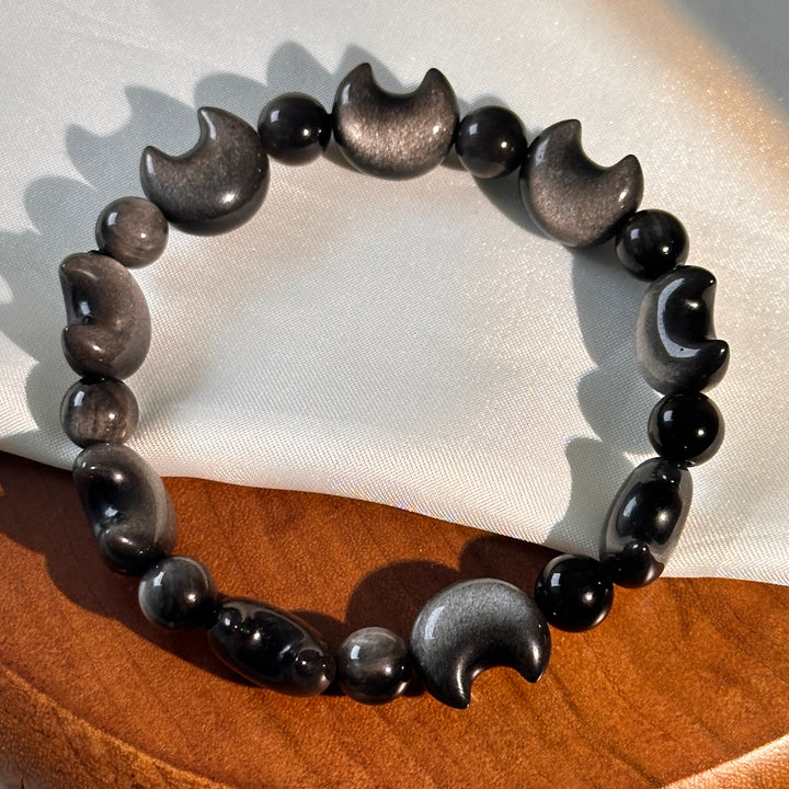 Silver Obsidian Moon Bead Bracelet 15.0-15.3mm
