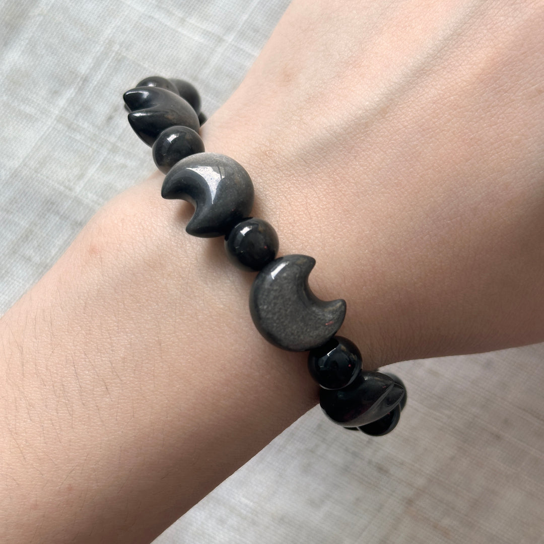 Silver Obsidian Moon Bead Bracelet 15.0-15.3mm