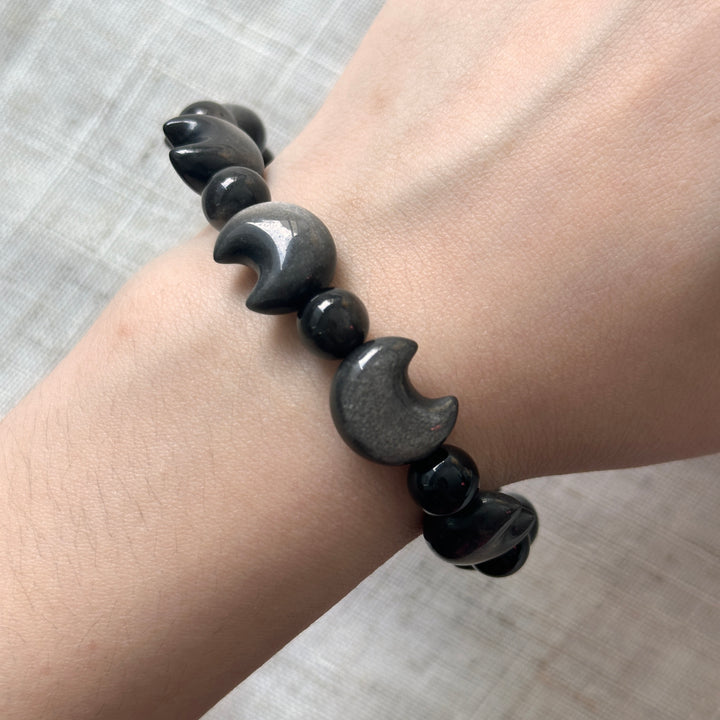 Silver Obsidian Moon Bead Bracelet 15.0-15.3mm