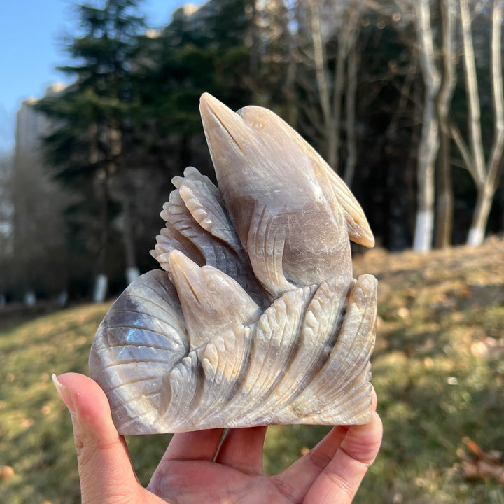 Unique Natural Carving Sunstone-Moonstone Dolphin