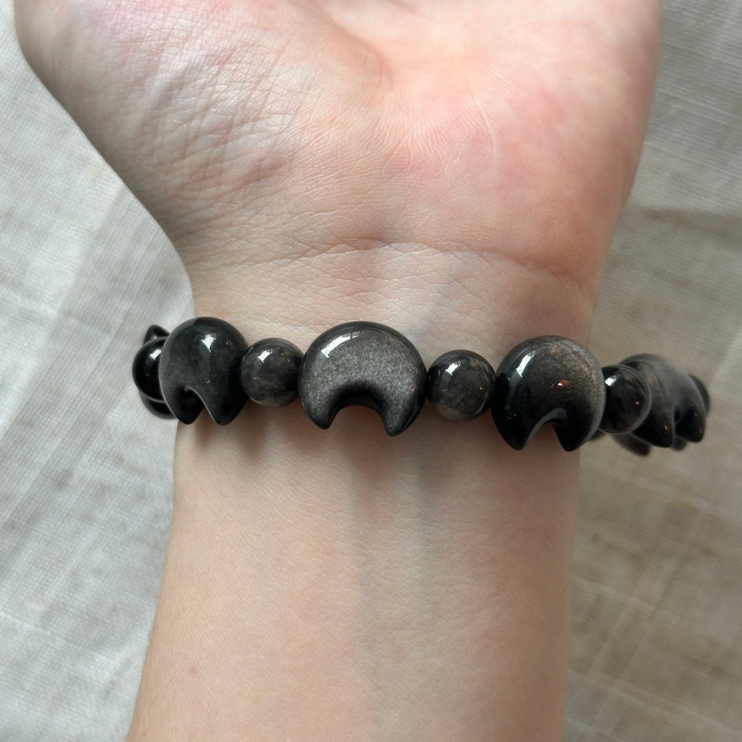 Silver Obsidian Moon Bead Bracelet 15.0-15.3mm
