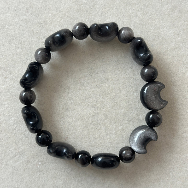 Silver Obsidian Moon Bead Bracelet 15.0-15.3mm