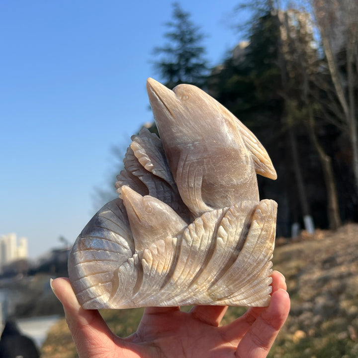 Unique Natural Carving Sunstone-Moonstone Dolphin
