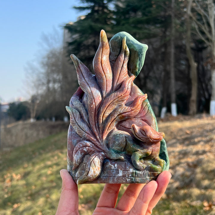 Unique Natural Carving Ocean Jasper Nine-Tailed Fox